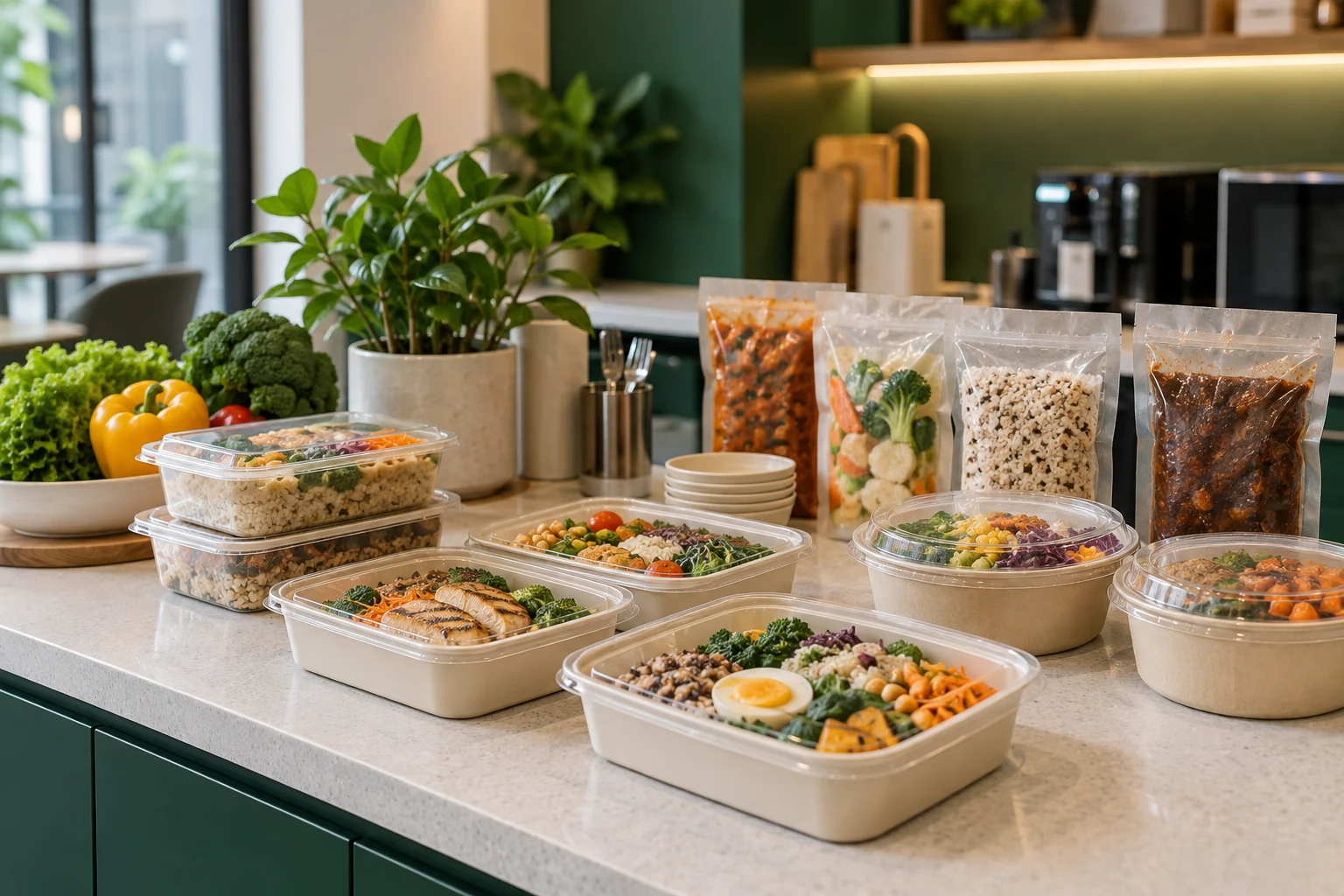 밀봉 도시락과 포장 밀키트의 간편식 구성