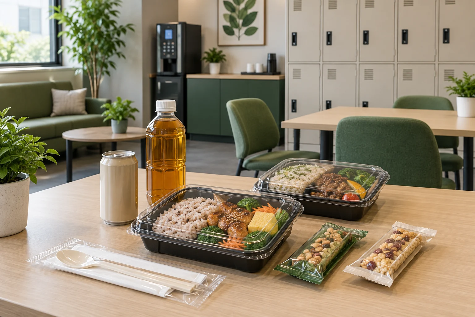 사업장 휴게실의 포장 도시락과 간식·음료